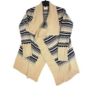Womens Cardigan Sweater Geometric Pattern Open Front Beige Black Size M